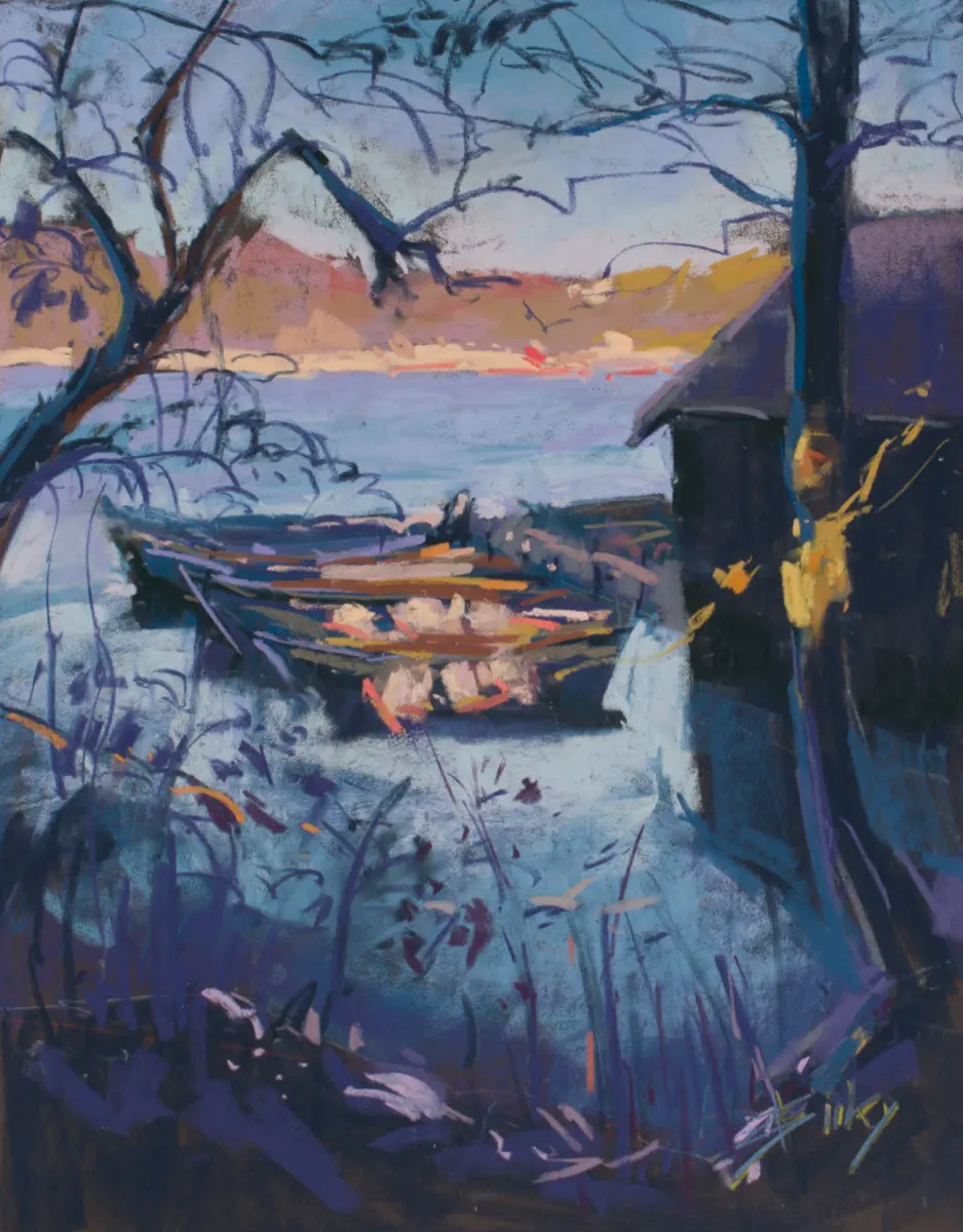 Boats by the Shore, Pastel by Szabolcs Brezovsky