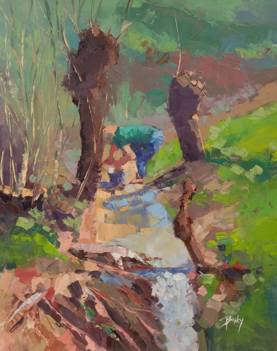 Mother by the stream, Oil on paper by Szabolcs Brezovsky