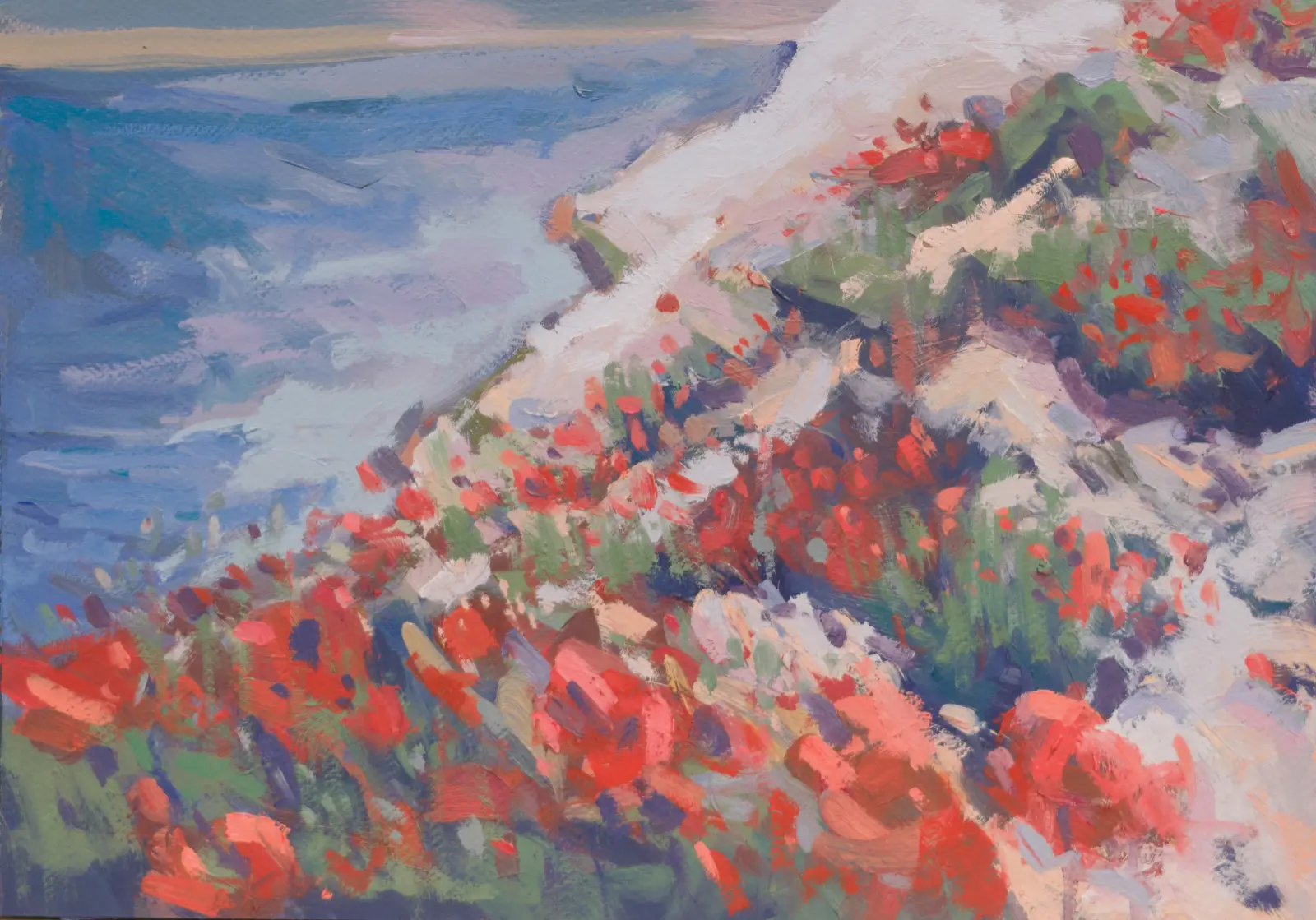 Poppies by the Water, Oil on paper by Szabolcs Brezovsky