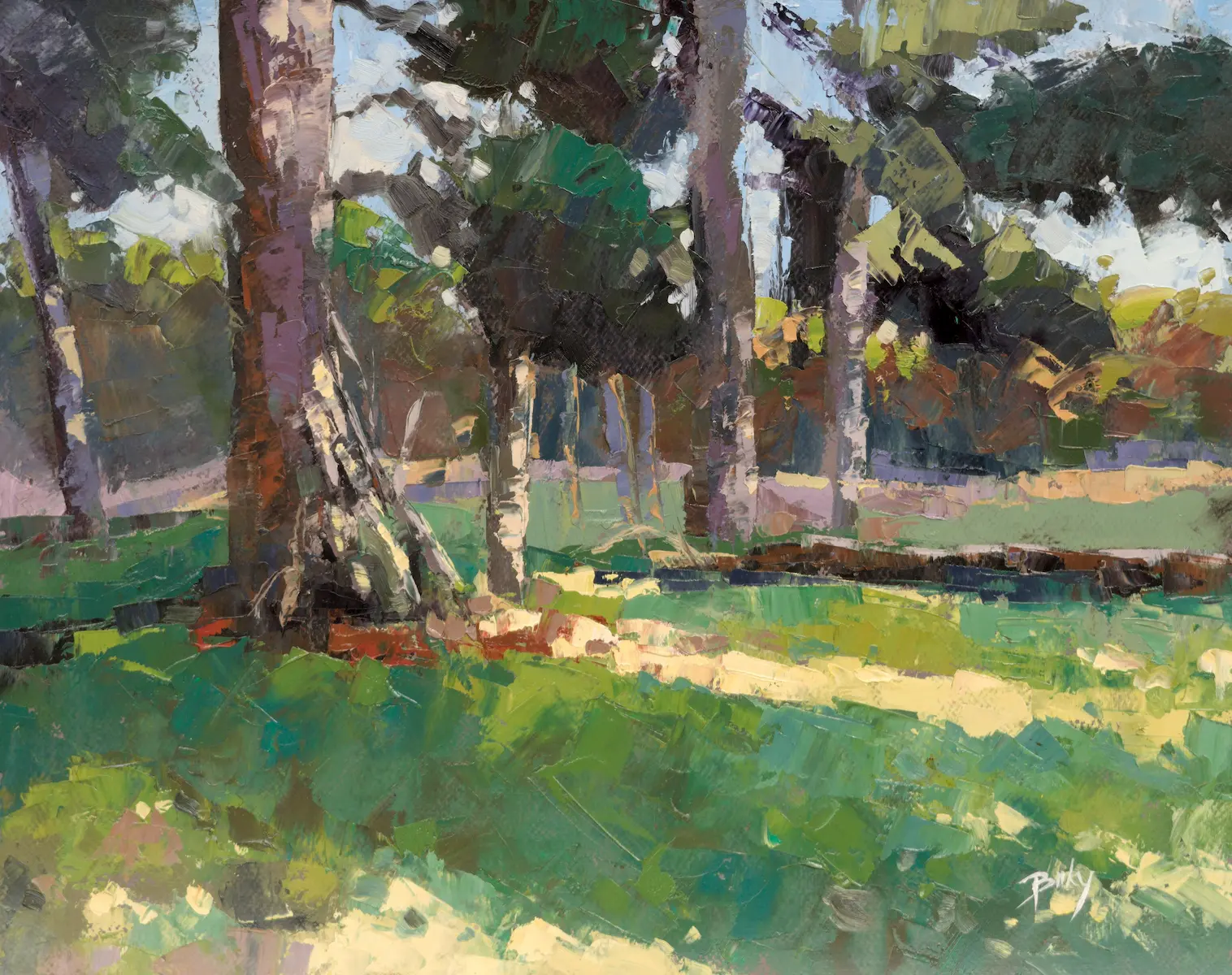 Sunlit scots pines, Oil on paper by Szabolcs Brezovsky